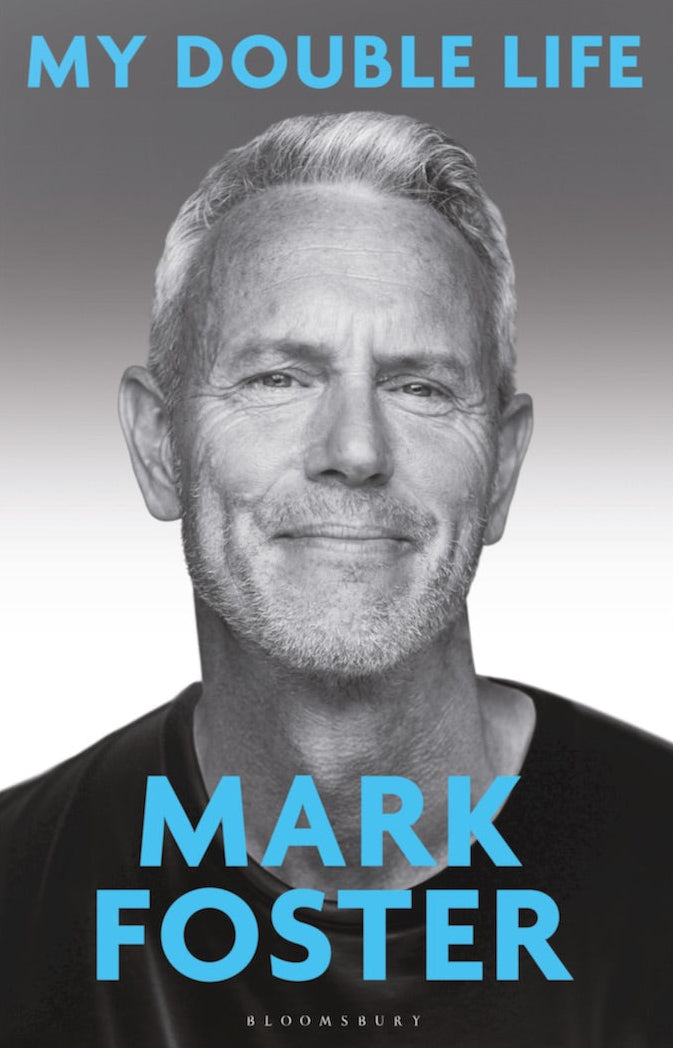 Book cover of 'My Double Life' by Mark Foster with a portrait of a man on a gray background.